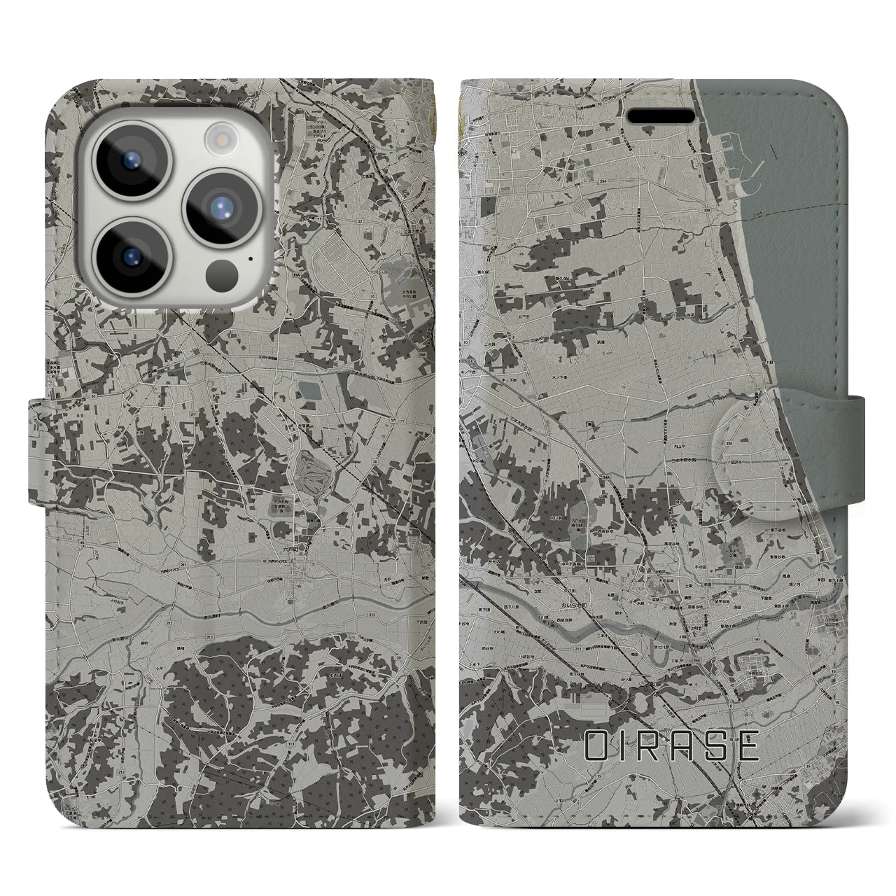 【おいらせ(青森県)】地図柄iPhoneケース(手帳タイプ)モノトーン・iPhone 15 Pro 用