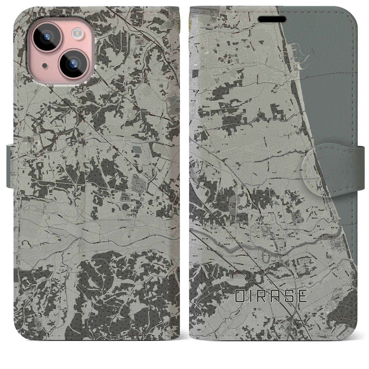 【おいらせ(青森県)】地図柄iPhoneケース(手帳タイプ)モノトーン・iPhone 15 Plus 用