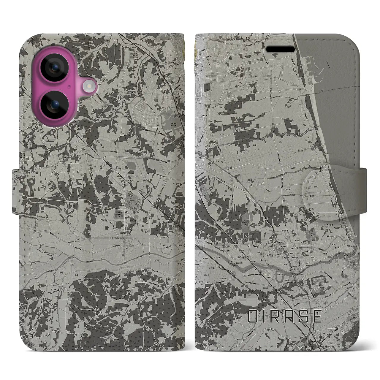 【おいらせ(青森県)】地図柄iPhoneケース(手帳タイプ)モノトーン・iPhone 16 Pro 用
