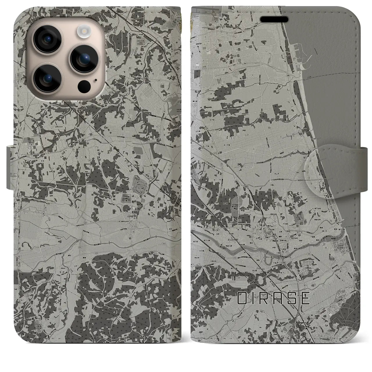 【おいらせ(青森県)】地図柄iPhoneケース(手帳タイプ)モノトーン・iPhone 16 Plus 用