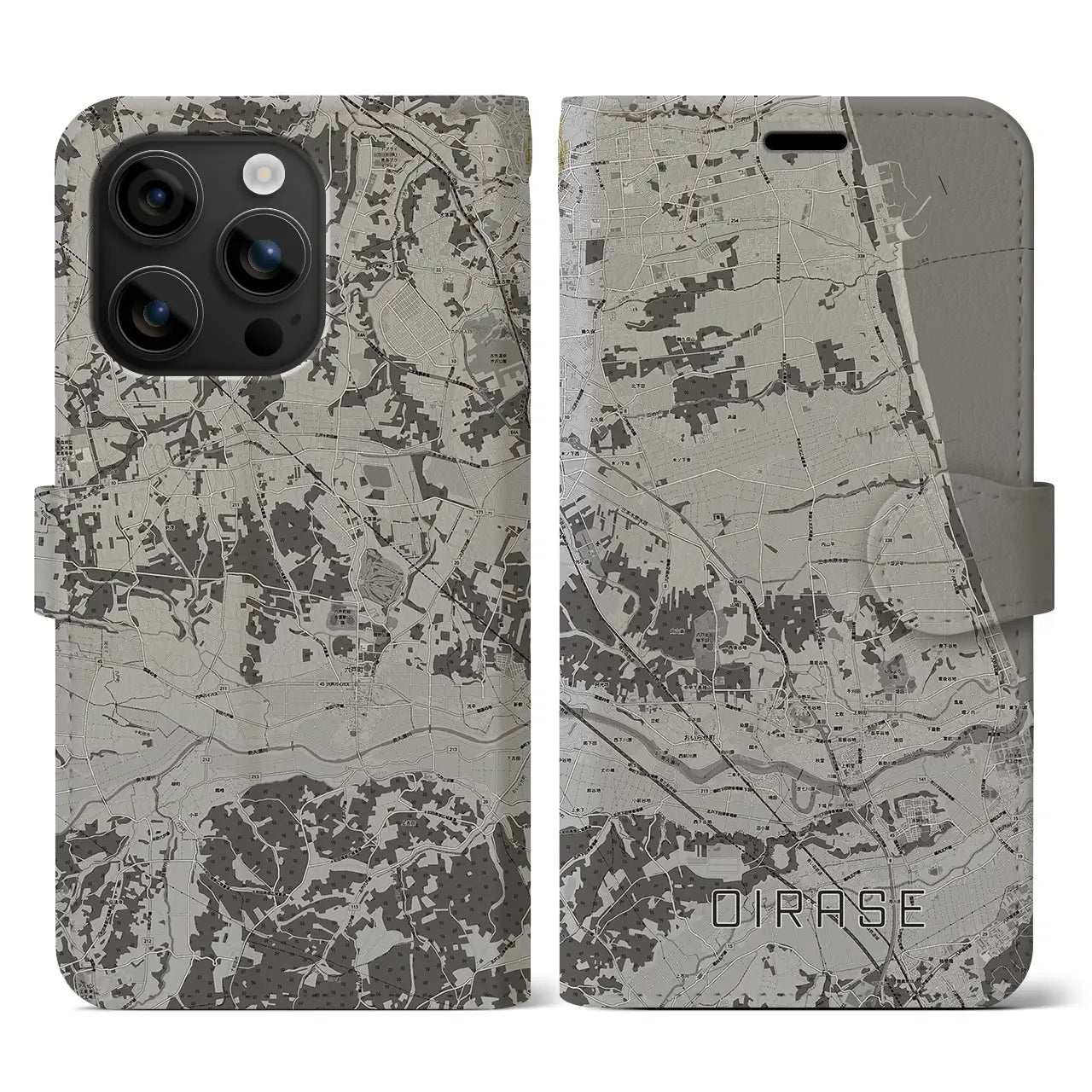 【おいらせ(青森県)】地図柄iPhoneケース(手帳タイプ)モノトーン・iPhone 16 用