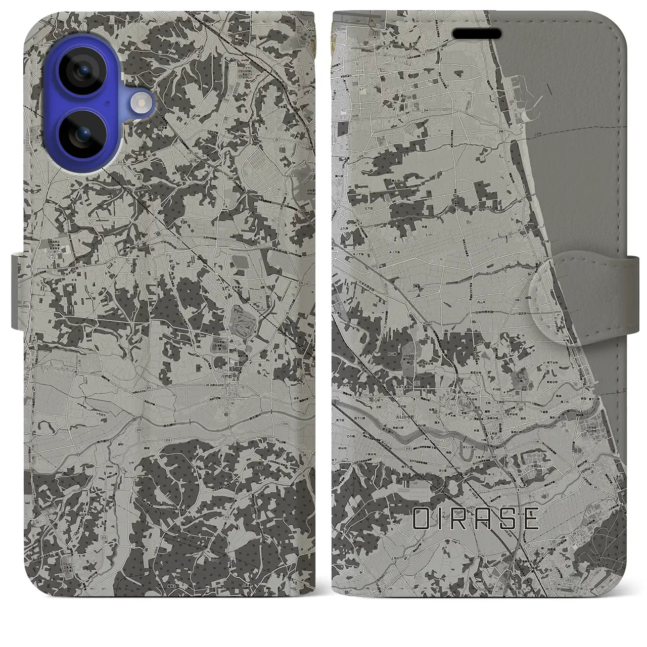 【おいらせ(青森県)】地図柄iPhoneケース(手帳タイプ)モノトーン・iPhone 16 Pro Max 用