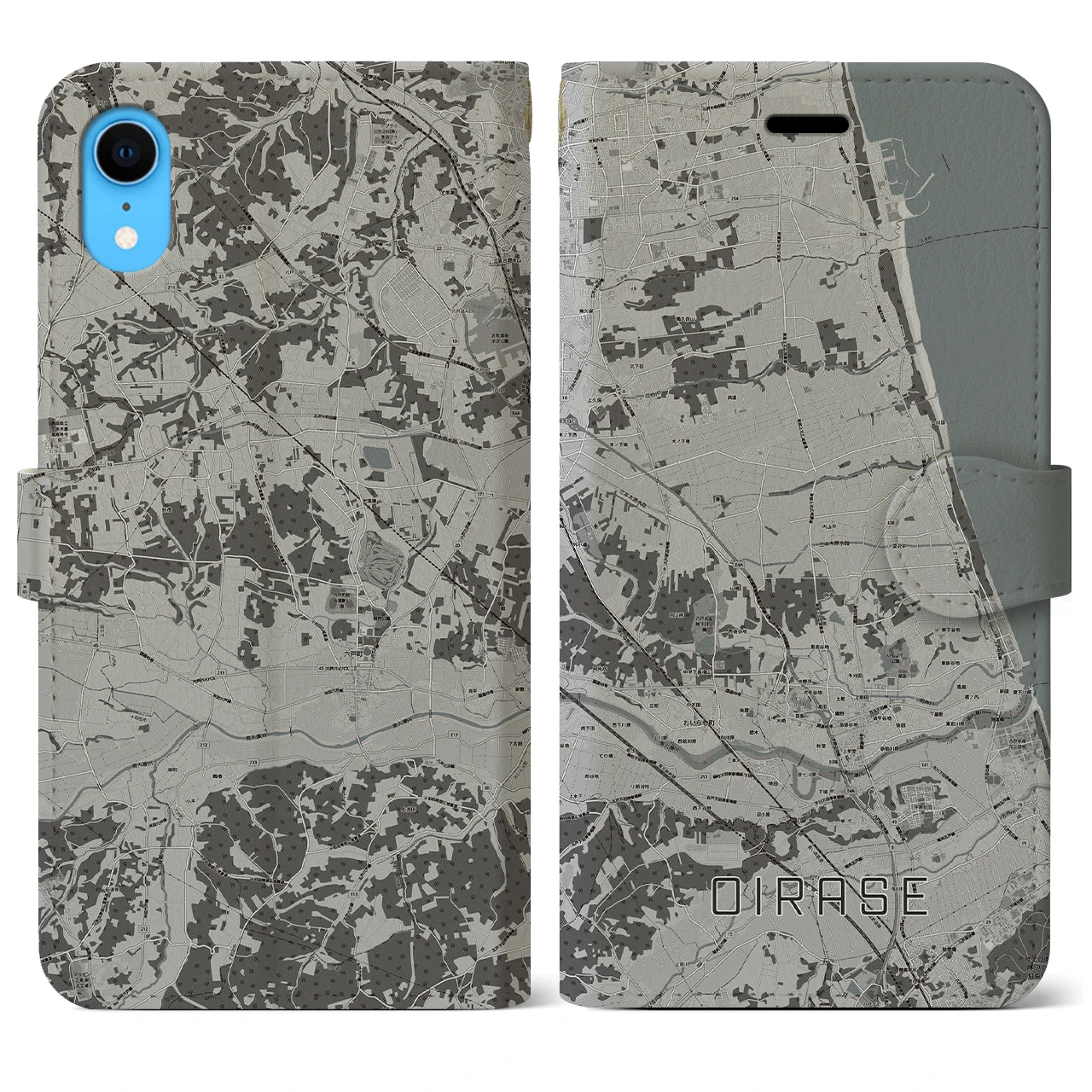 【おいらせ(青森県)】地図柄iPhoneケース(手帳タイプ)モノトーン・iPhone XR 用