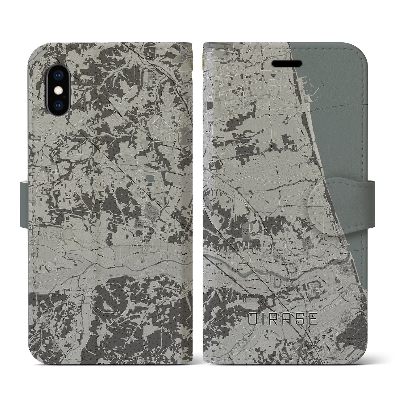 【おいらせ(青森県)】地図柄iPhoneケース(手帳タイプ)モノトーン・iPhone XS / X 用