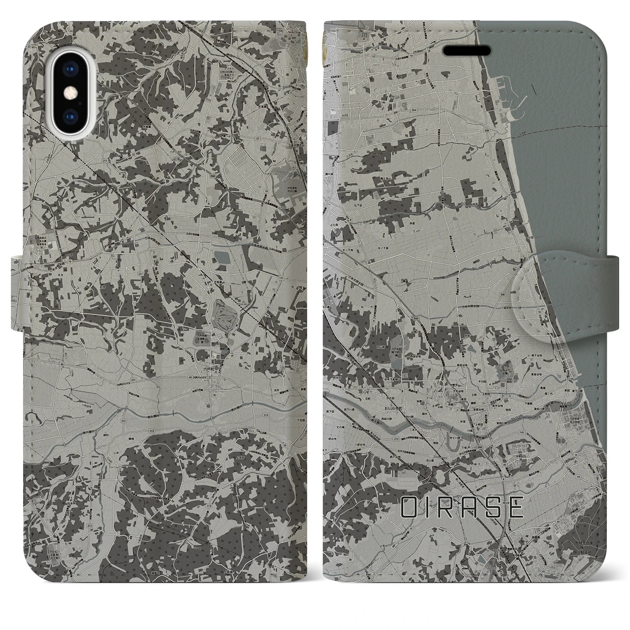 【おいらせ(青森県)】地図柄iPhoneケース(手帳タイプ)モノトーン・iPhone XS Max 用
