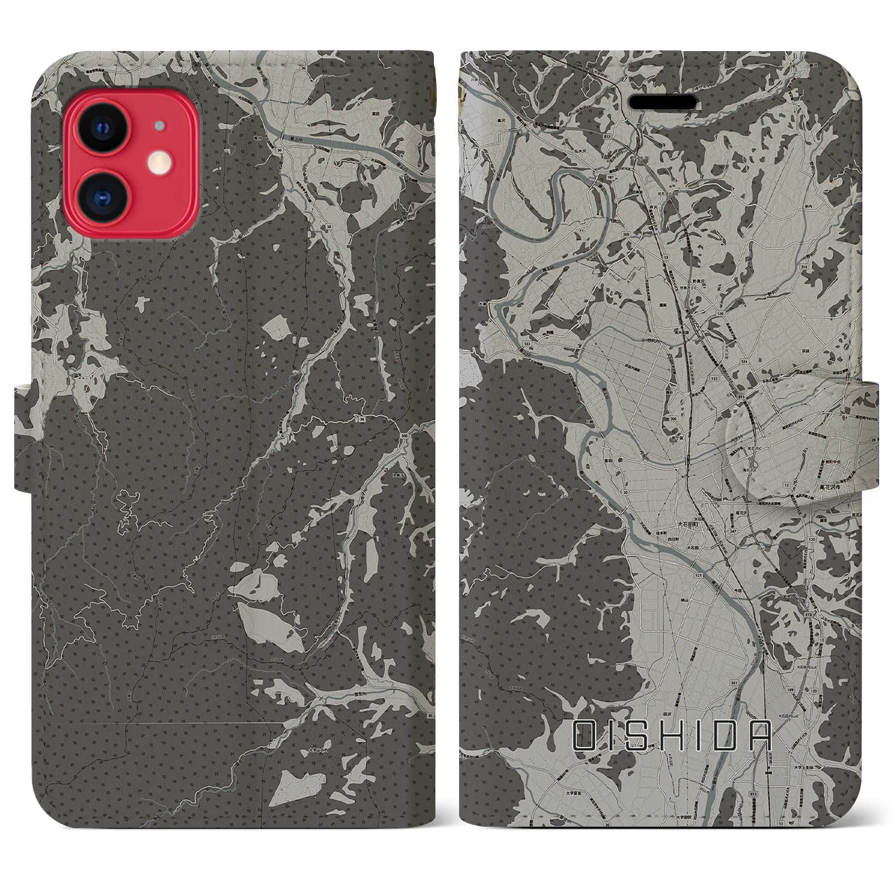 【大石田(山形県)】地図柄iPhoneケース(手帳タイプ)モノトーン・iPhone 11 用