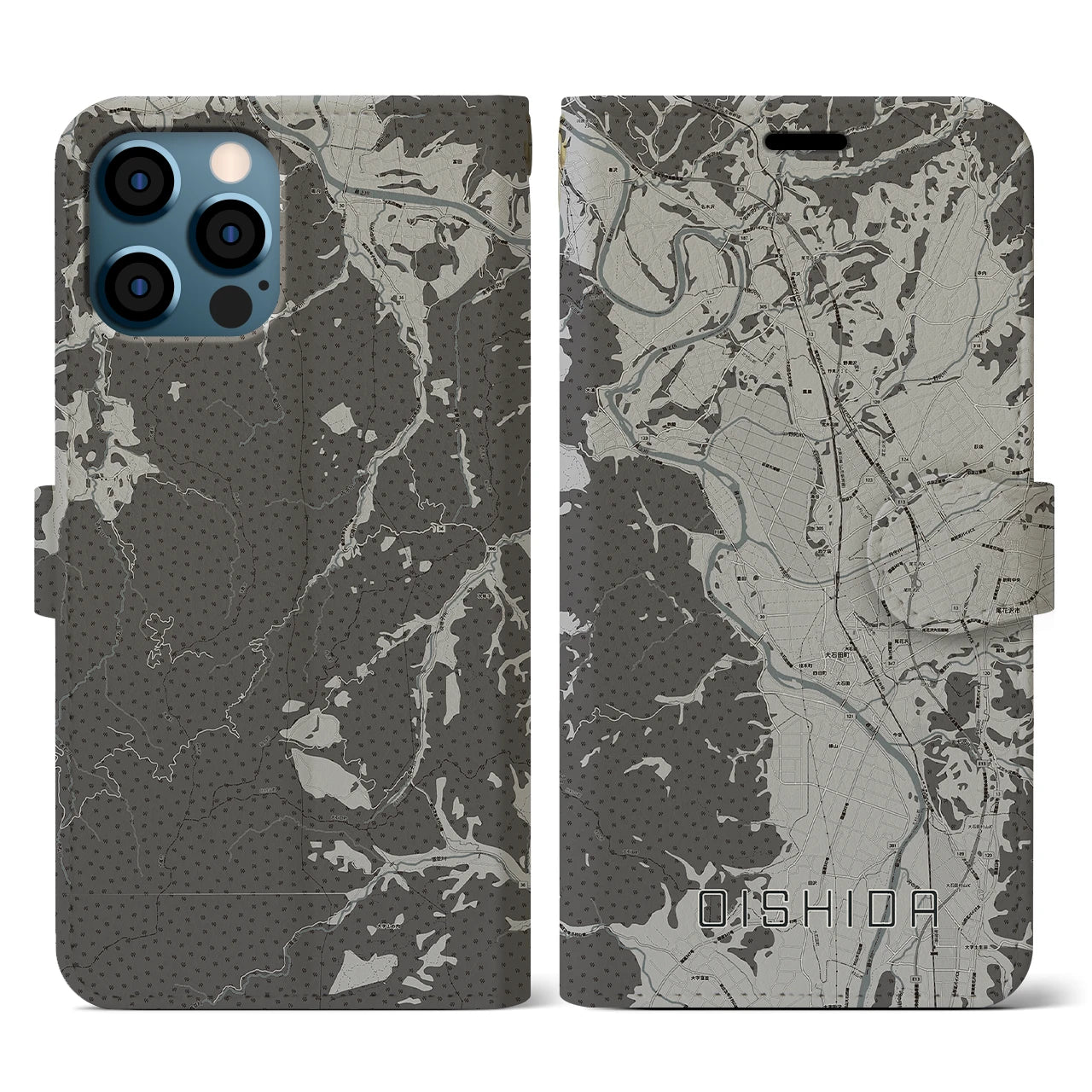 【大石田(山形県)】地図柄iPhoneケース(手帳タイプ)モノトーン・iPhone 12 / 12 Pro 用