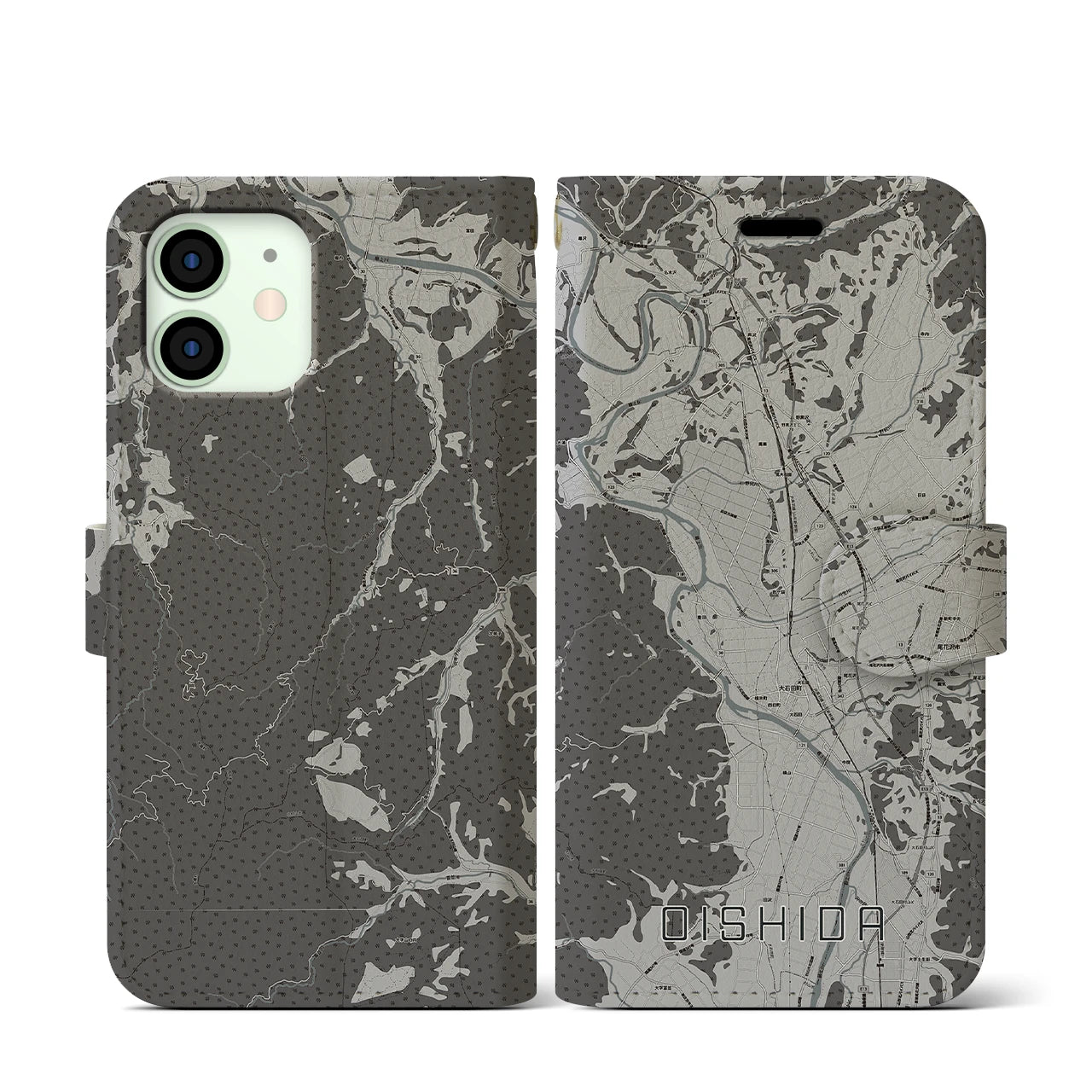 【大石田(山形県)】地図柄iPhoneケース(手帳タイプ)モノトーン・iPhone 12 mini 用