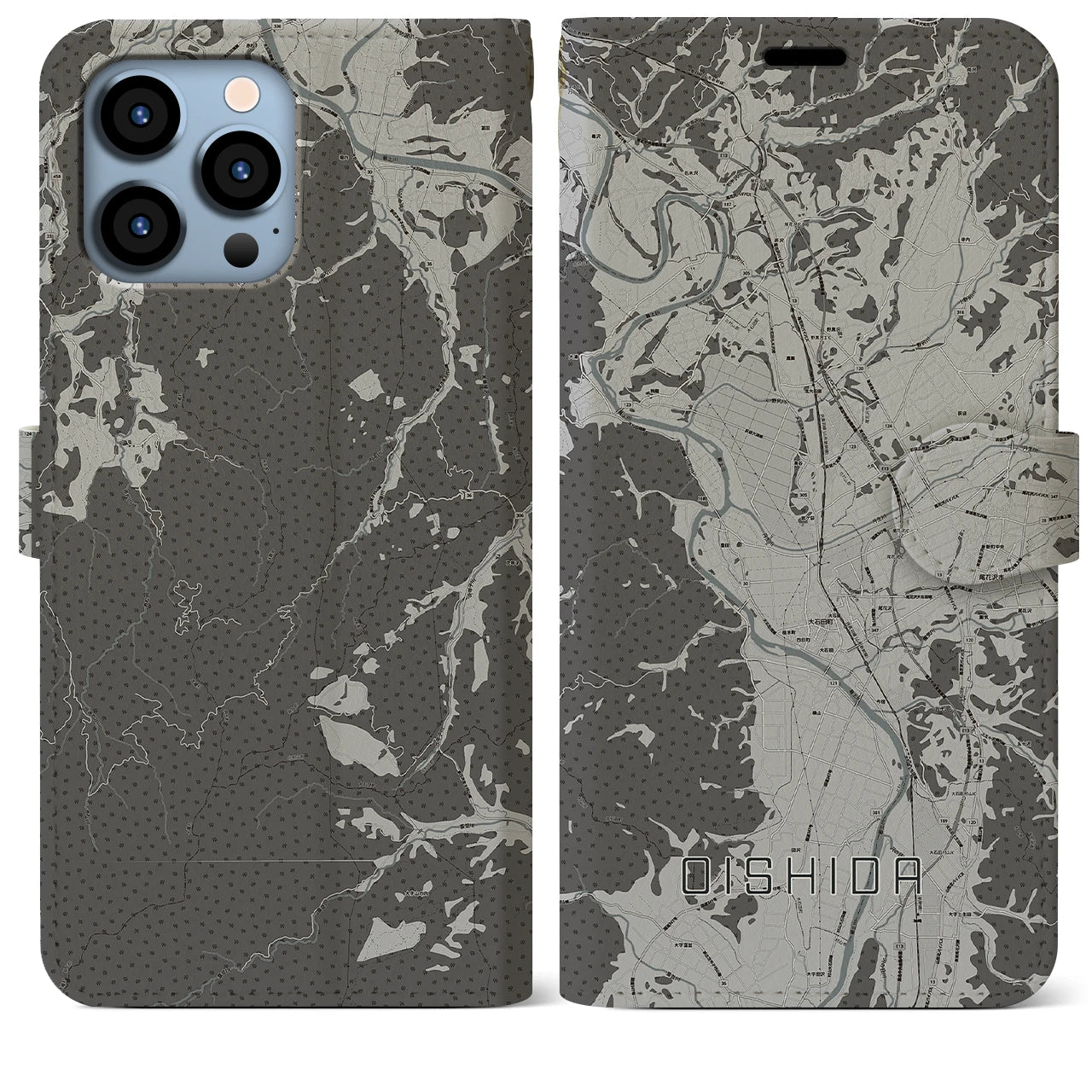 【大石田(山形県)】地図柄iPhoneケース(手帳タイプ)モノトーン・iPhone 13 Pro Max 用