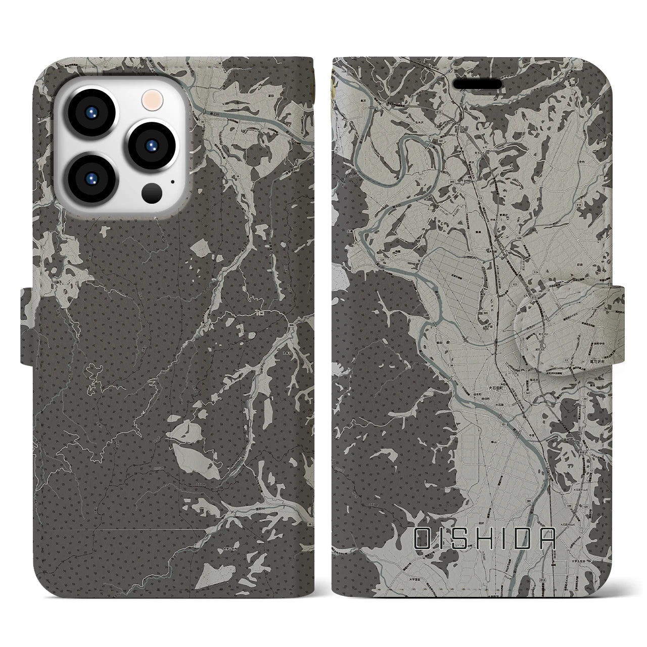 【大石田(山形県)】地図柄iPhoneケース(手帳タイプ)モノトーン・iPhone 13 Pro 用