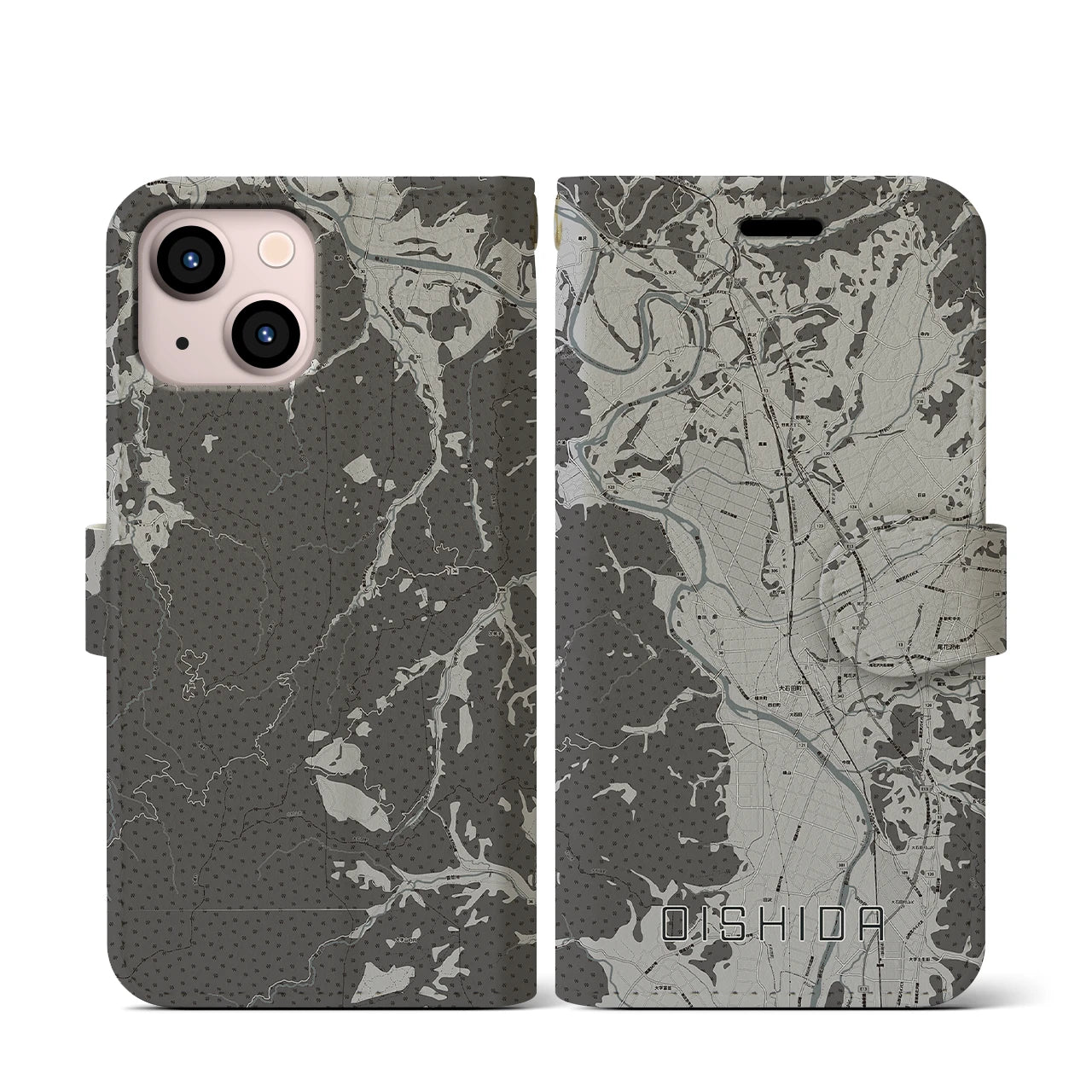【大石田(山形県)】地図柄iPhoneケース(手帳タイプ)モノトーン・iPhone 13 mini 用