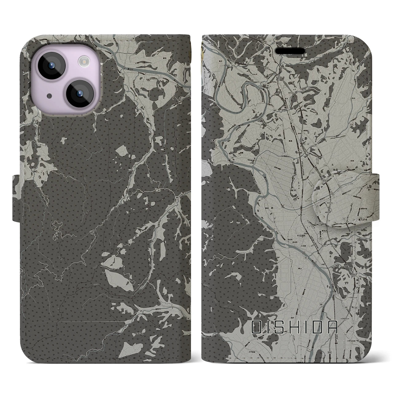 【大石田(山形県)】地図柄iPhoneケース(手帳タイプ)モノトーン・iPhone 14 用