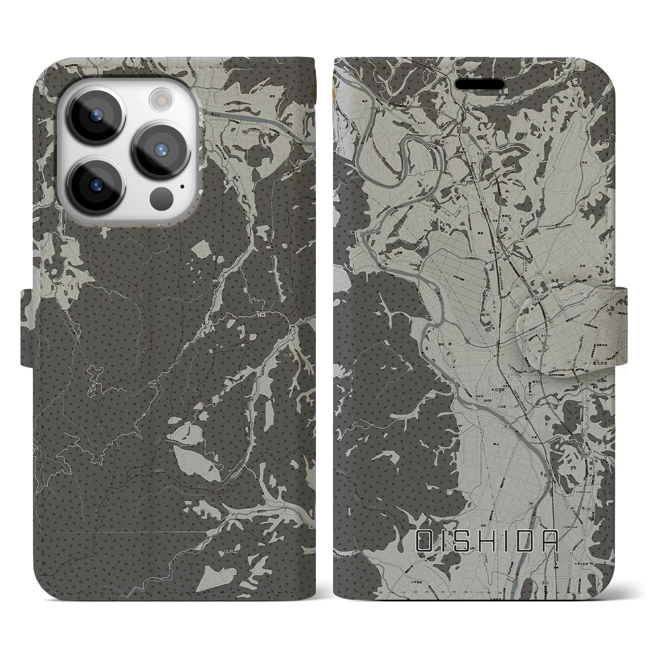 【大石田(山形県)】地図柄iPhoneケース(手帳タイプ)モノトーン・iPhone 14 Pro 用