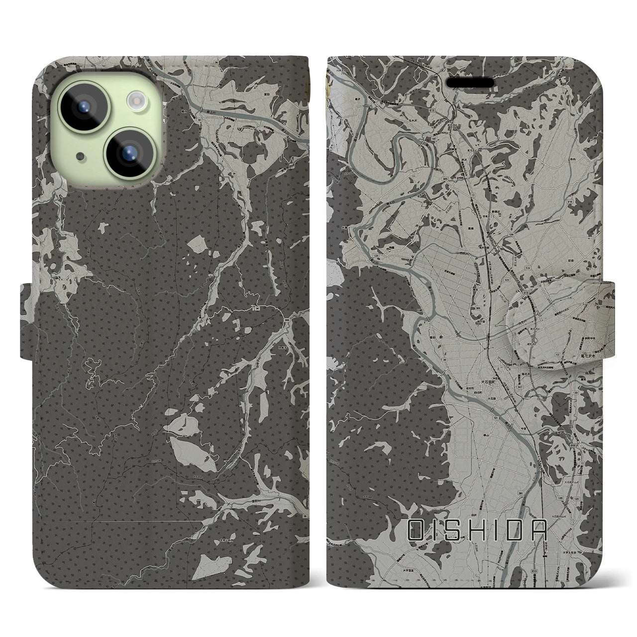 【大石田(山形県)】地図柄iPhoneケース(手帳タイプ)モノトーン・iPhone 15 用