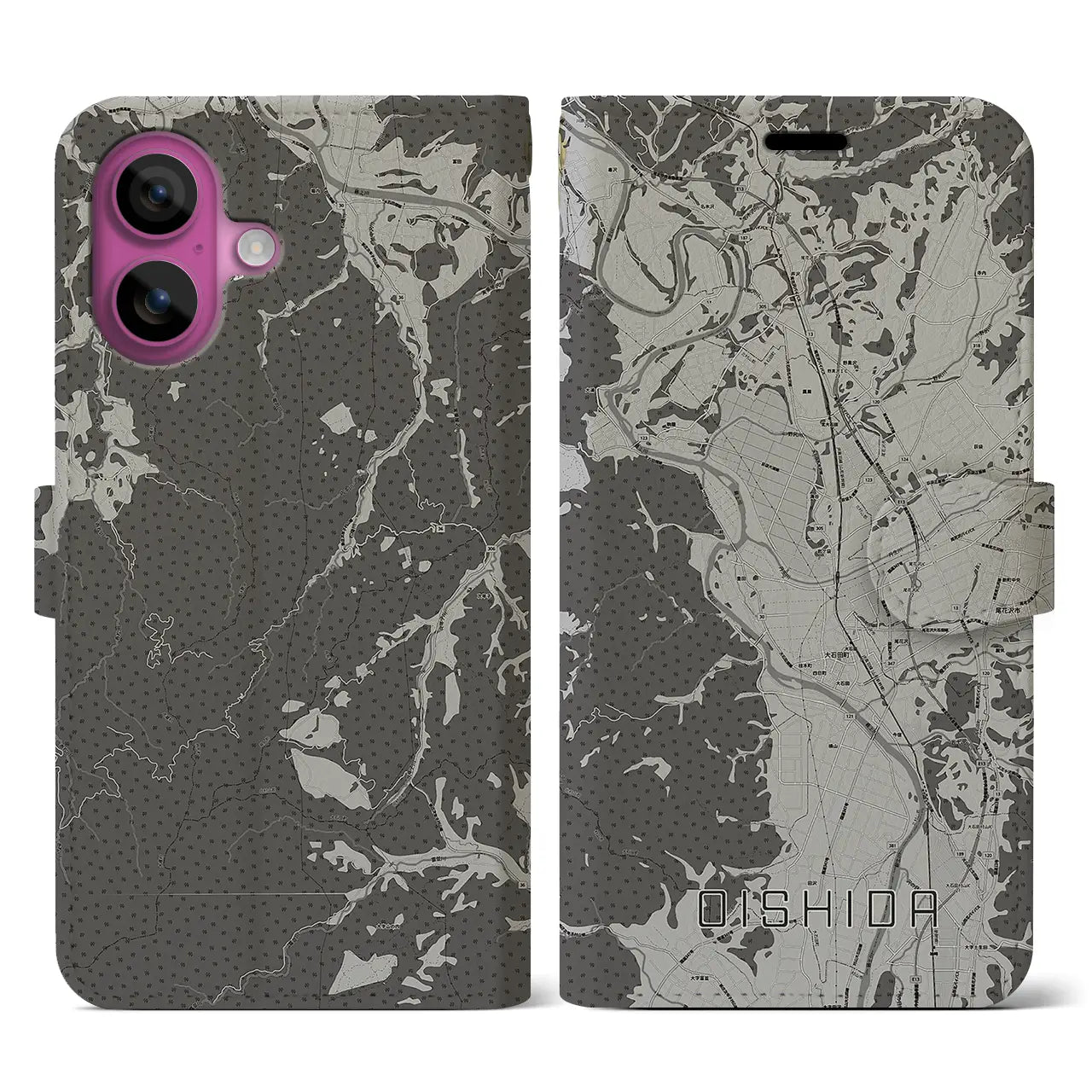 【大石田(山形県)】地図柄iPhoneケース(手帳タイプ)モノトーン・iPhone 16 Pro 用