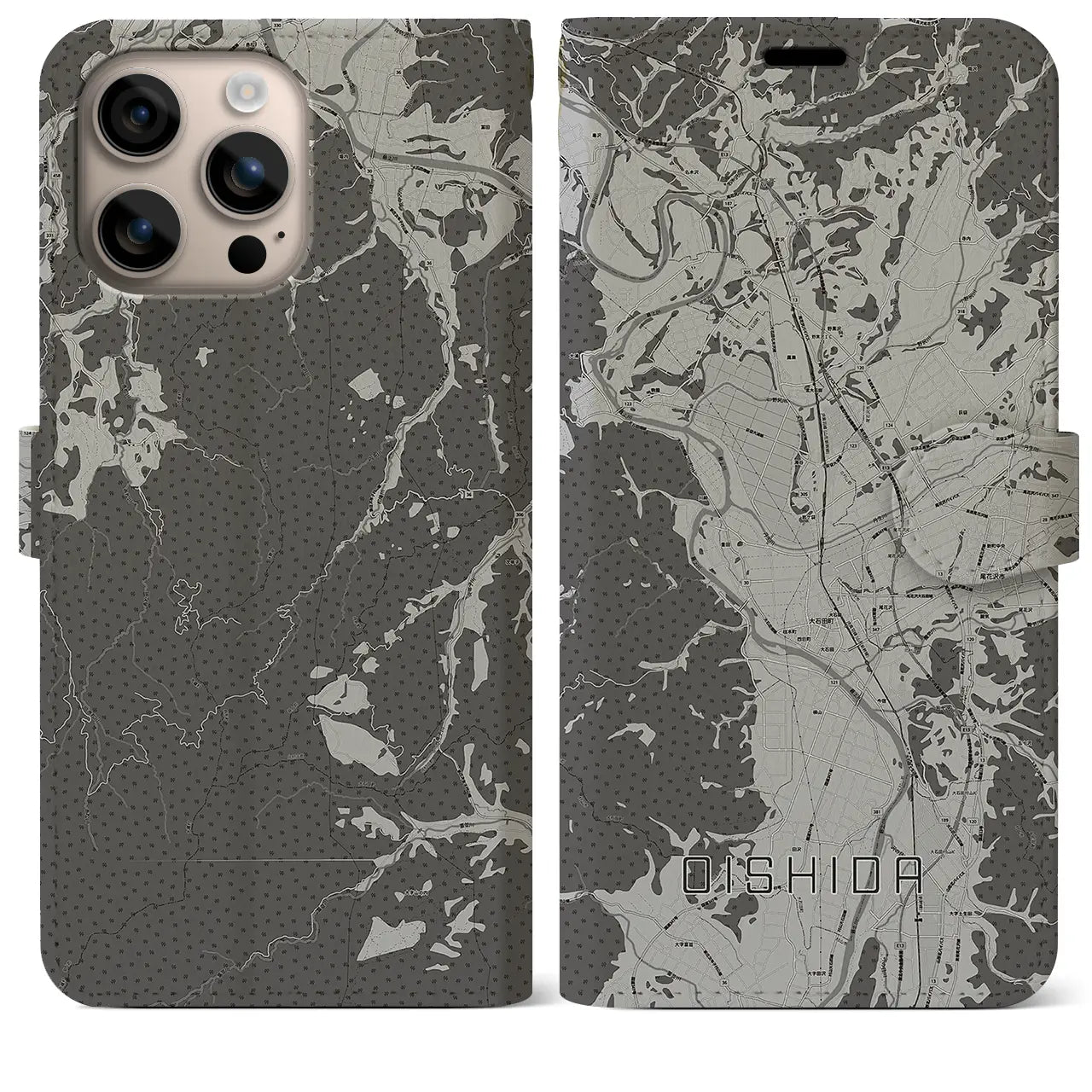 【大石田(山形県)】地図柄iPhoneケース(手帳タイプ)モノトーン・iPhone 16 Plus 用