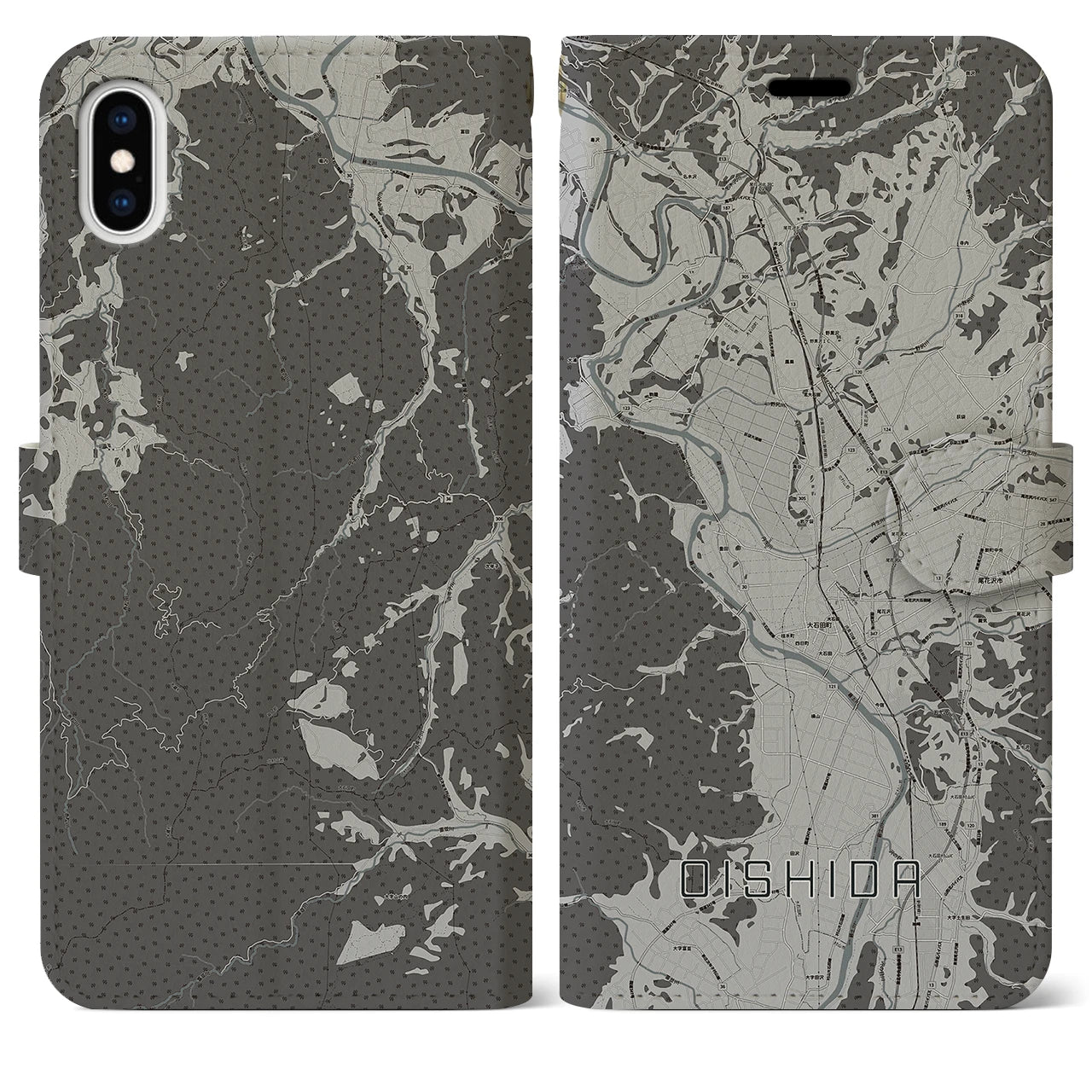 【大石田(山形県)】地図柄iPhoneケース(手帳タイプ)モノトーン・iPhone XS Max 用
