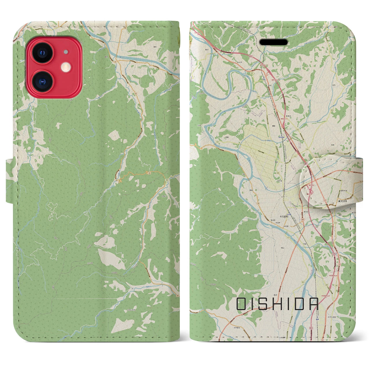 【大石田(山形県)】地図柄iPhoneケース(手帳タイプ)ナチュラル・iPhone 11 用