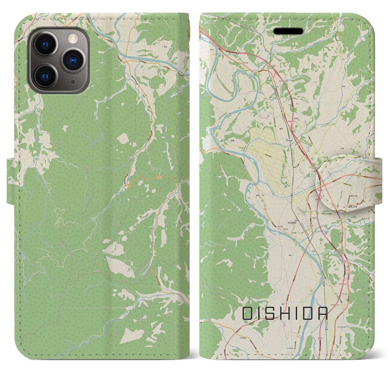 【大石田(山形県)】地図柄iPhoneケース(手帳タイプ)ナチュラル・iPhone 11 Pro Max 用
