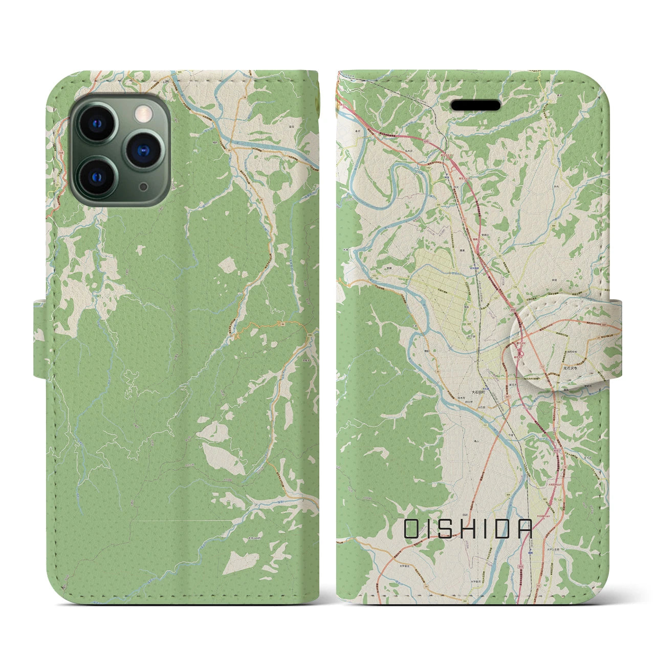 【大石田(山形県)】地図柄iPhoneケース(手帳タイプ)ナチュラル・iPhone 11 Pro 用