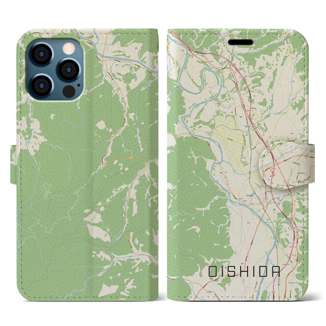 【大石田(山形県)】地図柄iPhoneケース(手帳タイプ)ナチュラル・iPhone 12 / 12 Pro 用