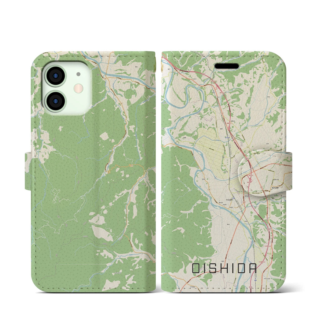【大石田(山形県)】地図柄iPhoneケース(手帳タイプ)ナチュラル・iPhone 12 mini 用