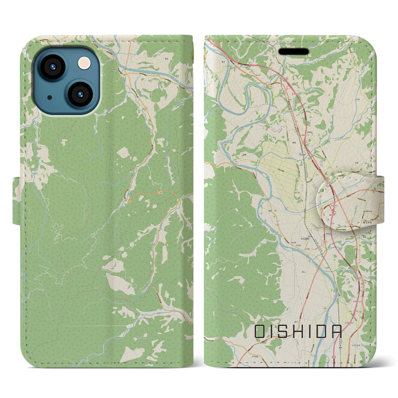 【大石田(山形県)】地図柄iPhoneケース(手帳タイプ)ナチュラル・iPhone 13 用