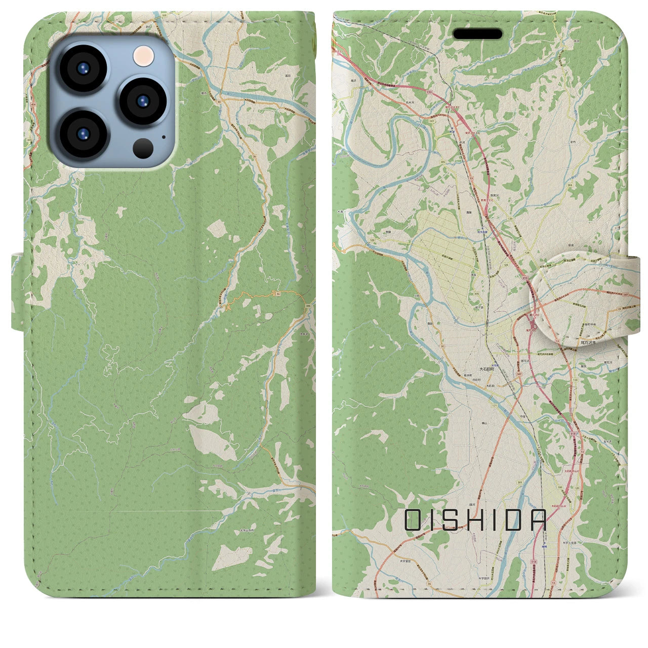 【大石田(山形県)】地図柄iPhoneケース(手帳タイプ)ナチュラル・iPhone 13 Pro Max 用