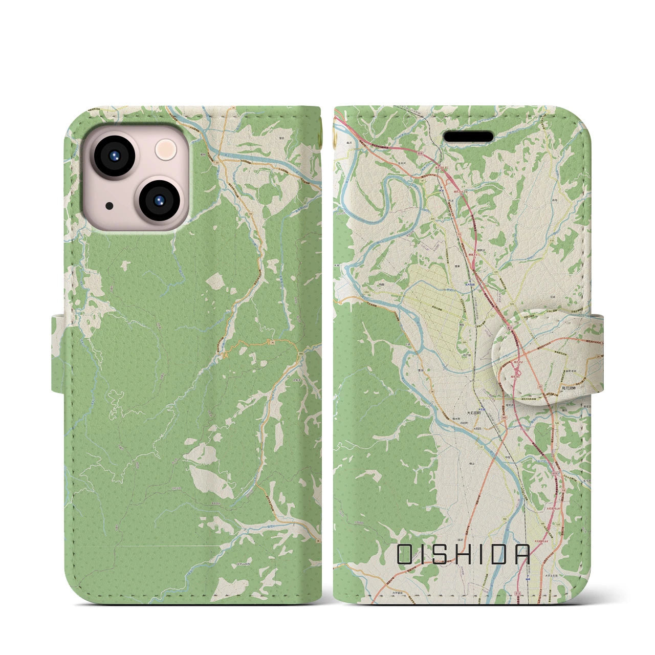 【大石田(山形県)】地図柄iPhoneケース(手帳タイプ)ナチュラル・iPhone 13 mini 用