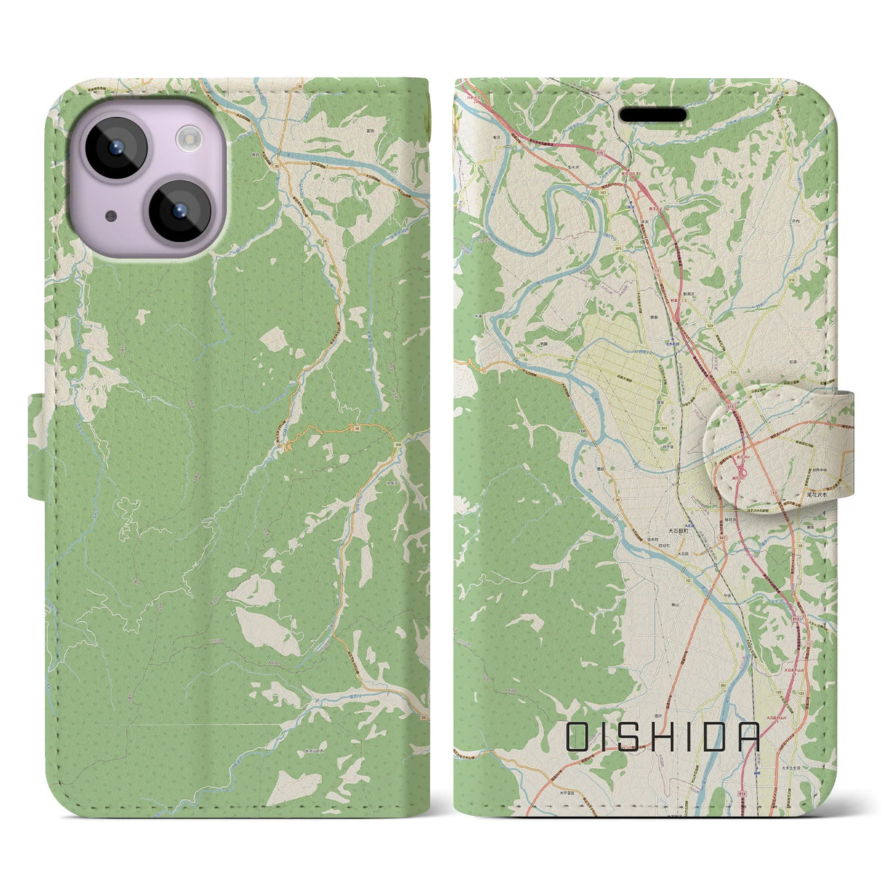 【大石田(山形県)】地図柄iPhoneケース(手帳タイプ)ナチュラル・iPhone 14 用