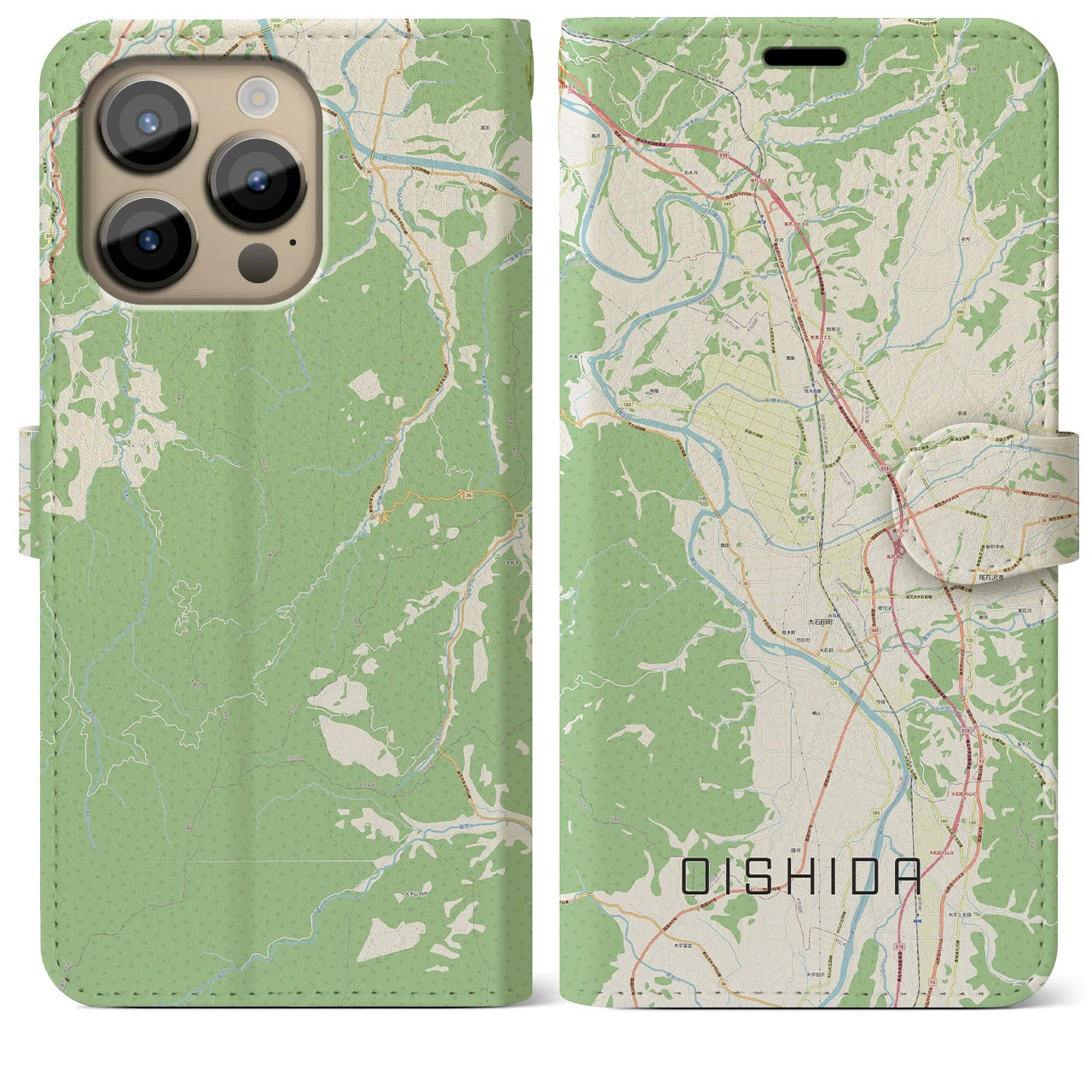 【大石田(山形県)】地図柄iPhoneケース(手帳タイプ)ナチュラル・iPhone 14 Pro Max 用