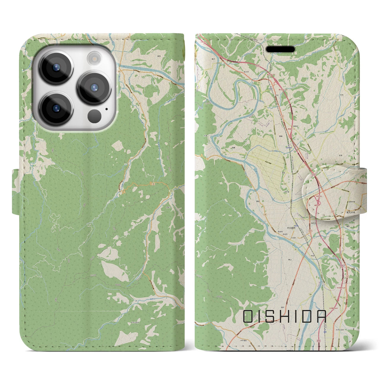【大石田(山形県)】地図柄iPhoneケース(手帳タイプ)ナチュラル・iPhone 14 Pro 用