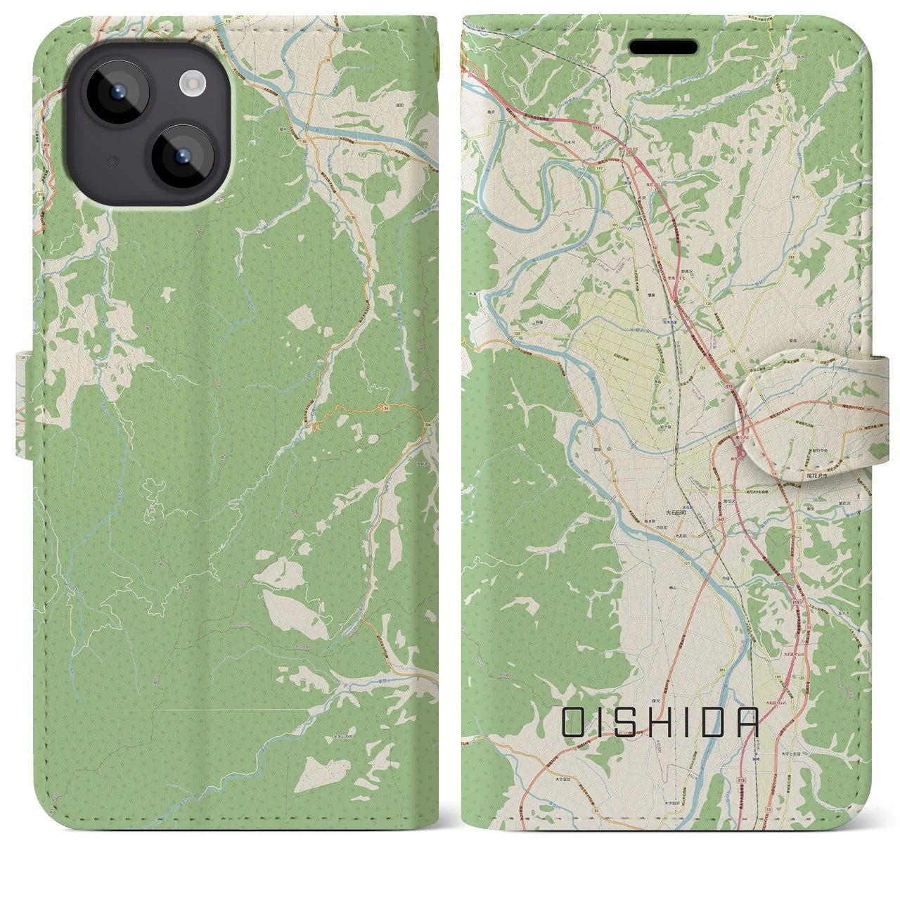 【大石田(山形県)】地図柄iPhoneケース(手帳タイプ)ナチュラル・iPhone 14 Plus 用