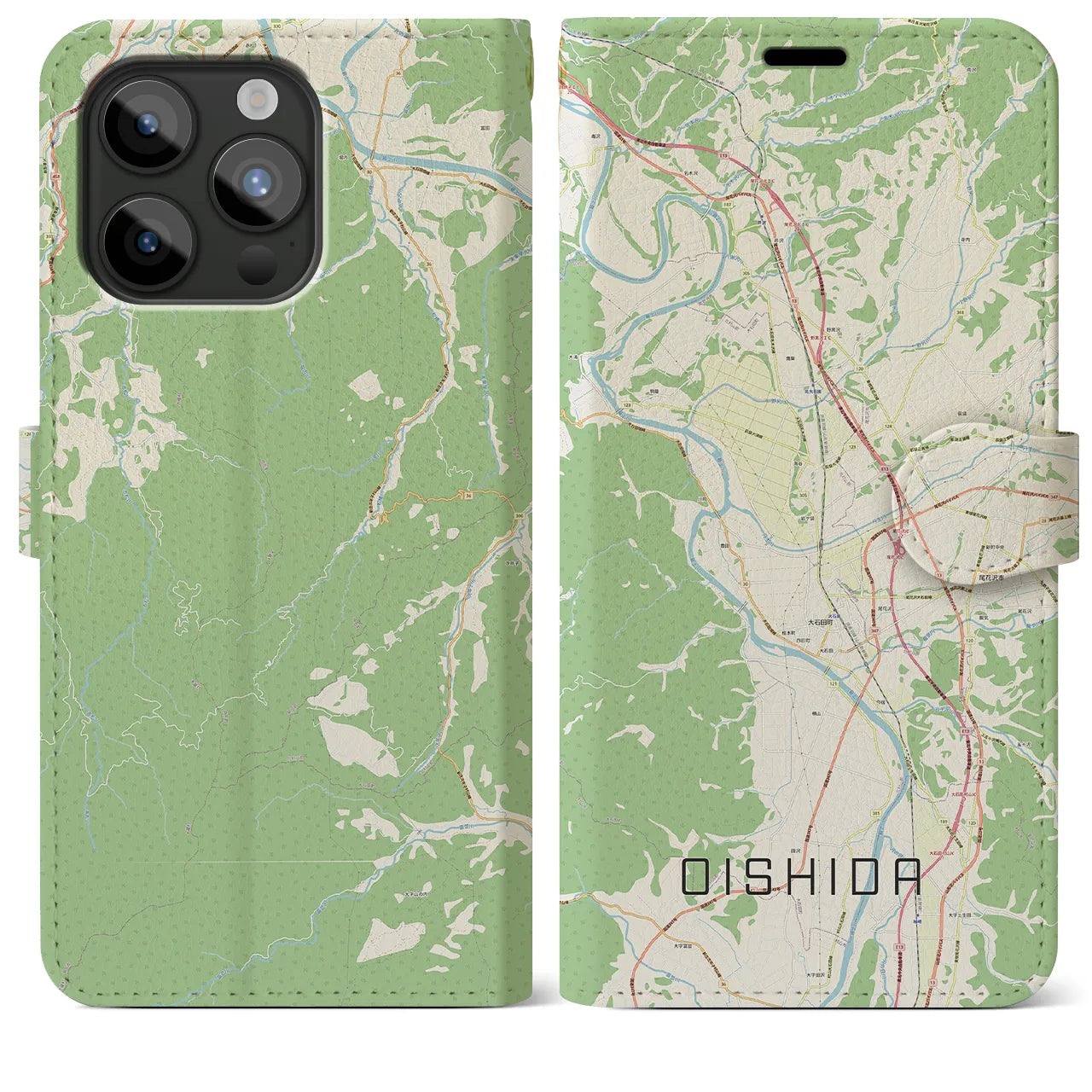 【大石田(山形県)】地図柄iPhoneケース(手帳タイプ)ナチュラル・iPhone 15 Pro Max 用