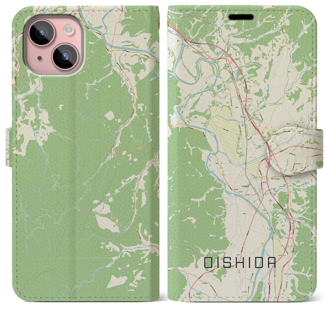 【大石田(山形県)】地図柄iPhoneケース(手帳タイプ)ナチュラル・iPhone 15 Plus 用