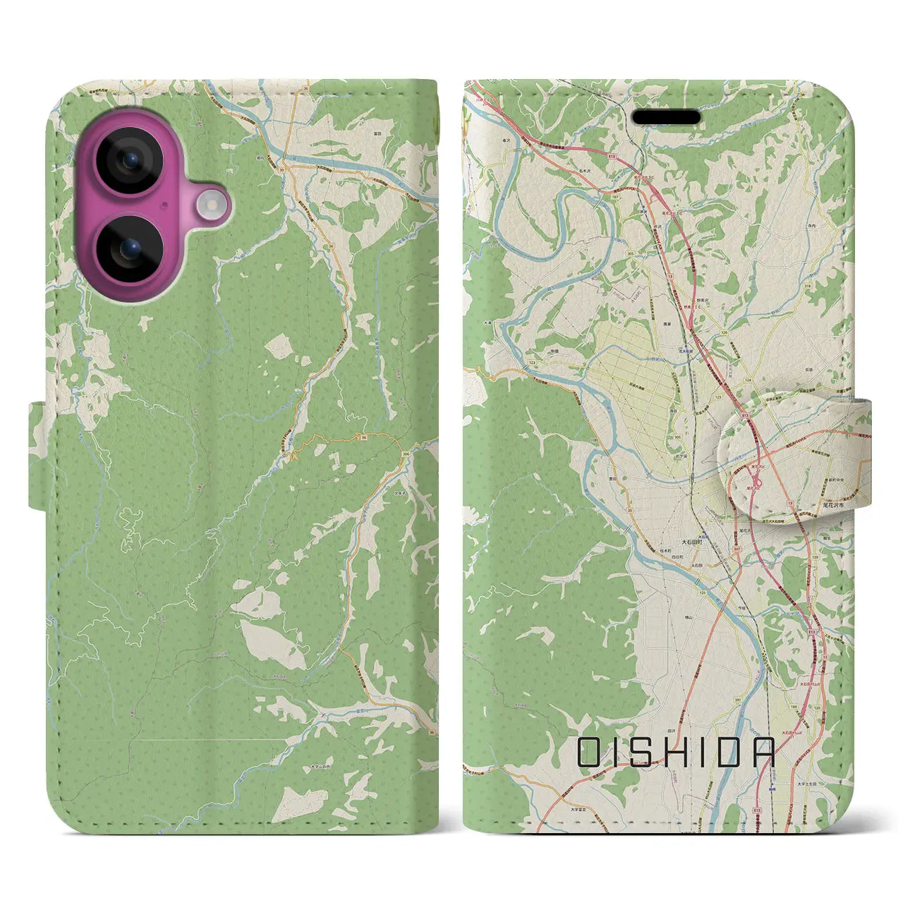 【大石田(山形県)】地図柄iPhoneケース(手帳タイプ)ナチュラル・iPhone 16 Pro 用