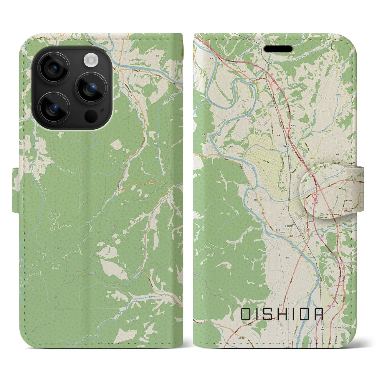 【大石田(山形県)】地図柄iPhoneケース(手帳タイプ)ナチュラル・iPhone 16 用