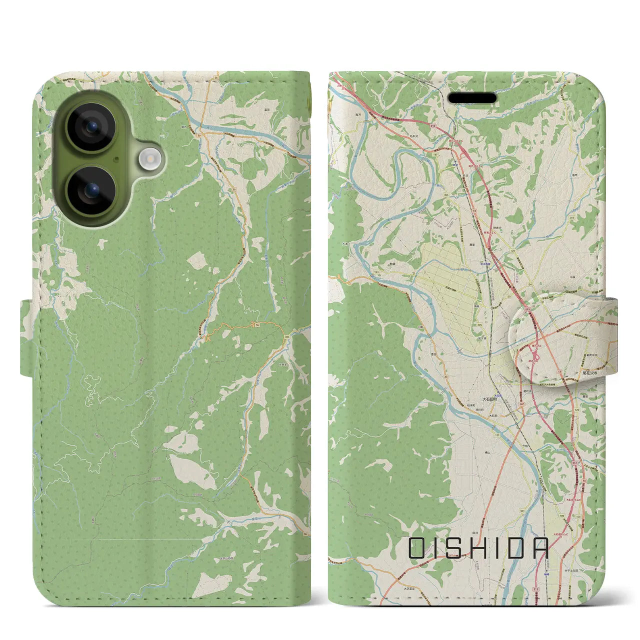 【大石田(山形県)】地図柄iPhoneケース(手帳タイプ)モノトーン・iPhone 17 Pro Max 用