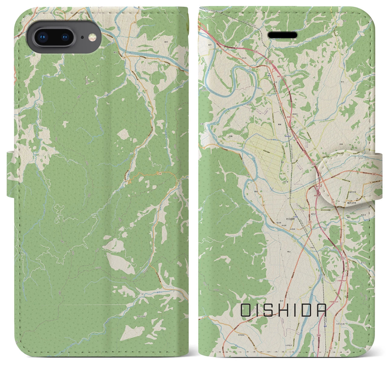 【大石田(山形県)】地図柄iPhoneケース(手帳タイプ)ナチュラル・iPhone 8Plus /7Plus / 6sPlus / 6Plus 用