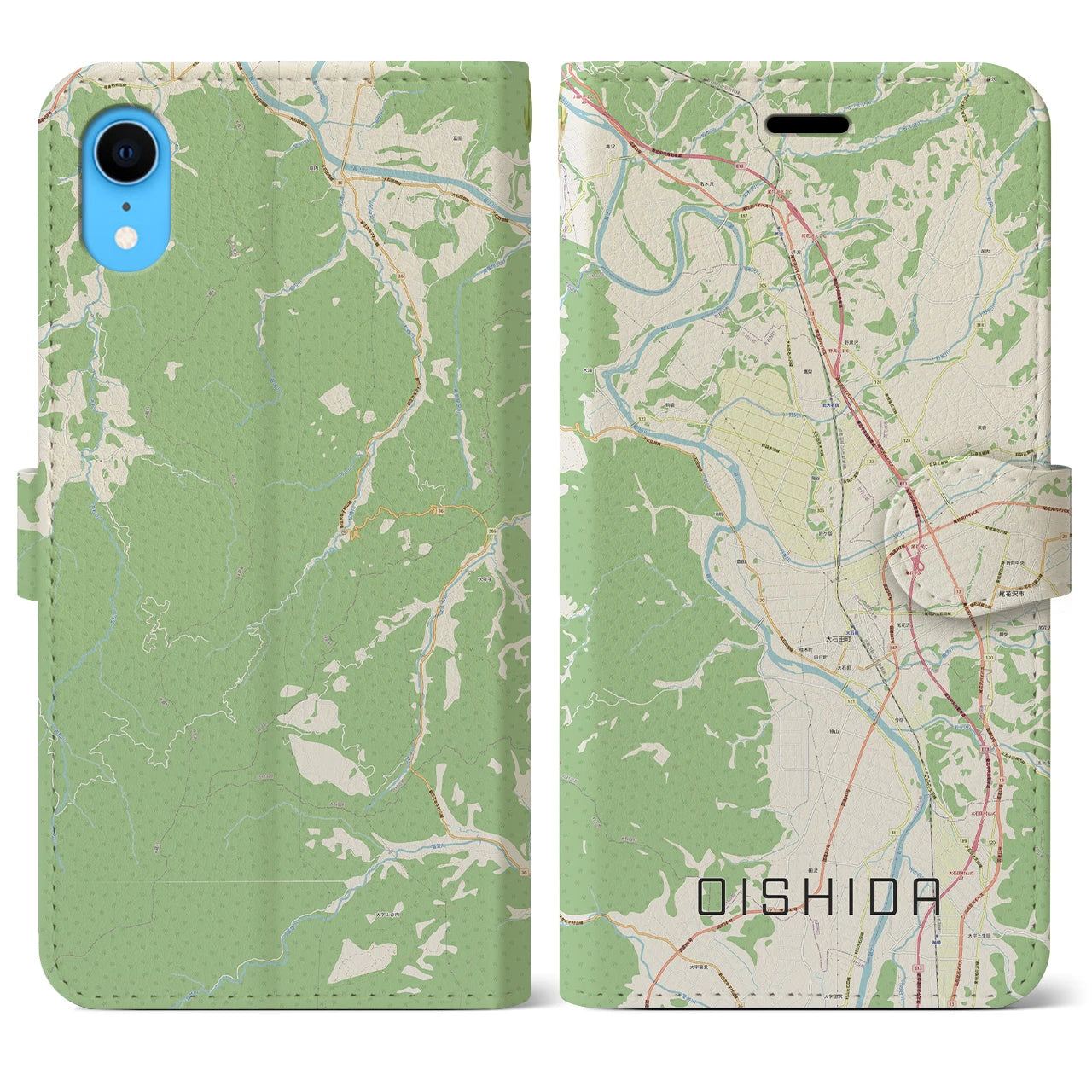 【大石田(山形県)】地図柄iPhoneケース(手帳タイプ)ナチュラル・iPhone XR 用