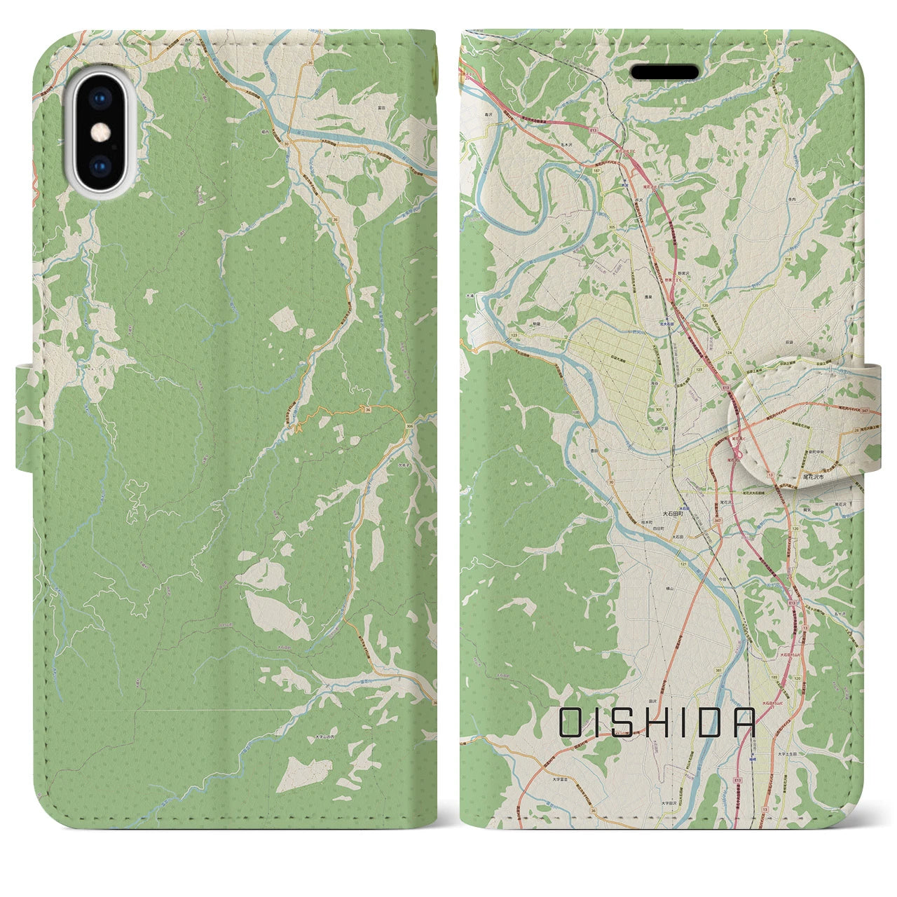 【大石田(山形県)】地図柄iPhoneケース(手帳タイプ)ナチュラル・iPhone XS Max 用