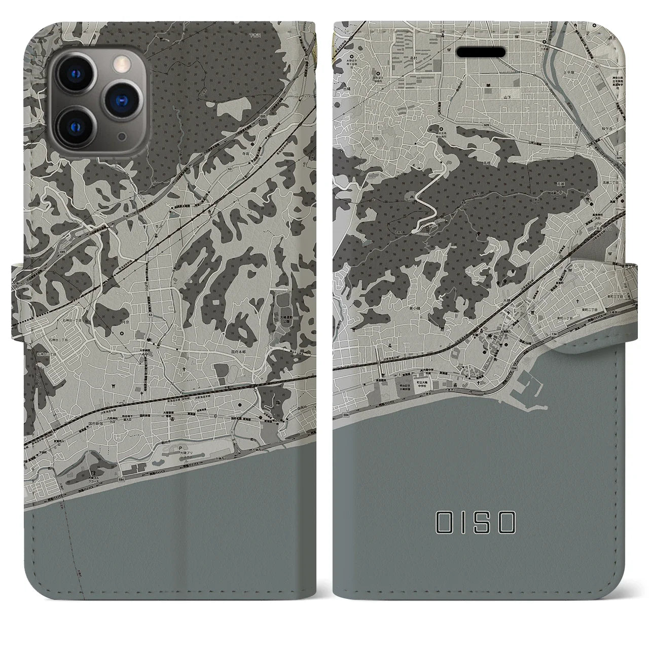 【大磯(神奈川県)】地図柄iPhoneケース(手帳タイプ)モノトーン・iPhone 11 Pro Max 用