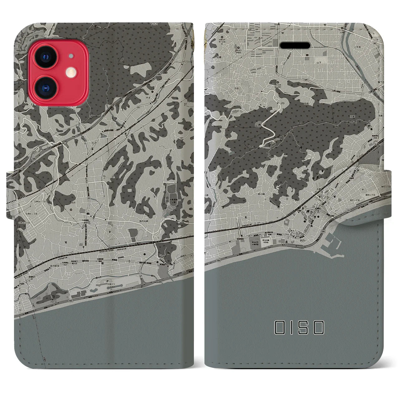【大磯(神奈川県)】地図柄iPhoneケース(手帳タイプ)モノトーン・iPhone 11 用