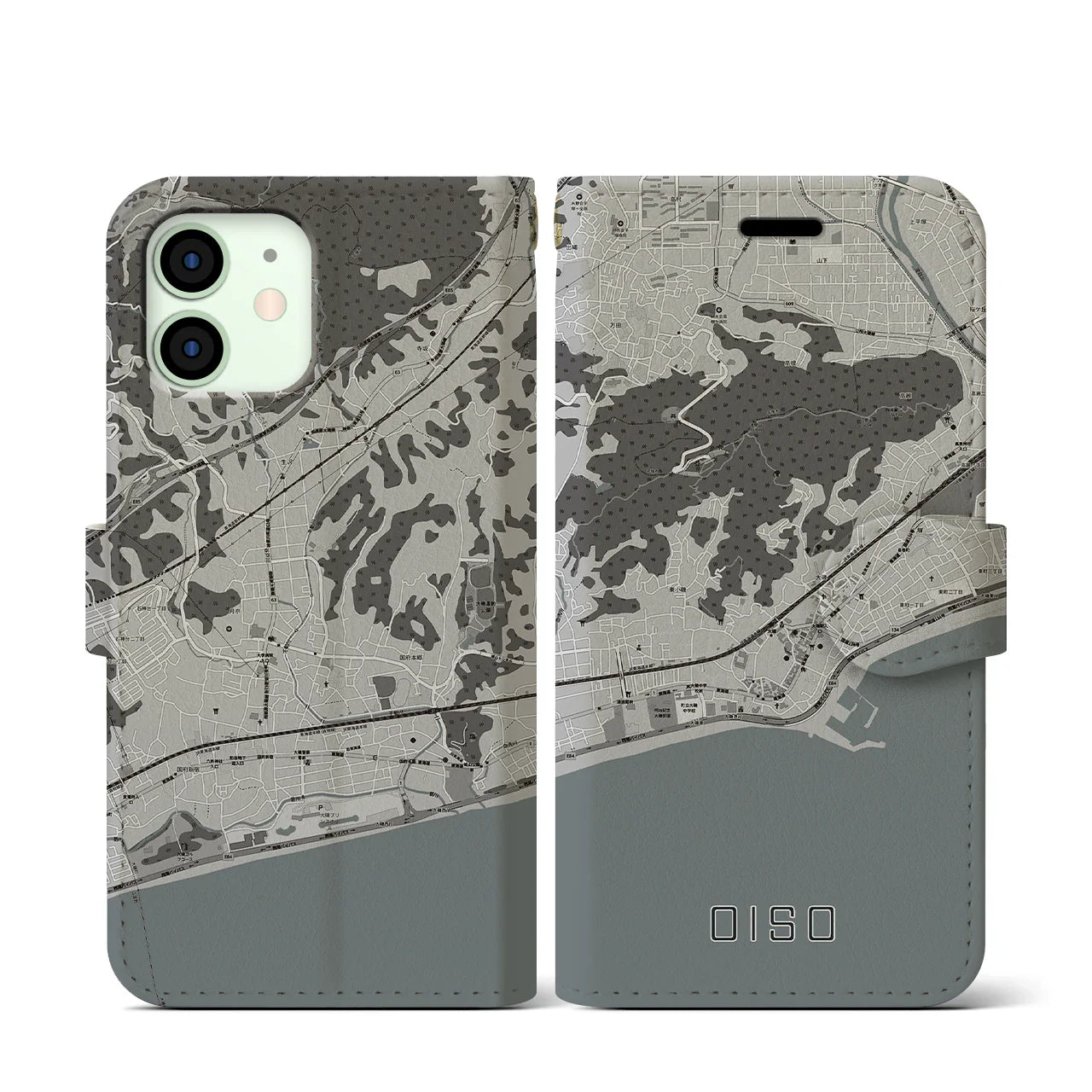 【大磯(神奈川県)】地図柄iPhoneケース(手帳タイプ)モノトーン・iPhone 12 mini 用