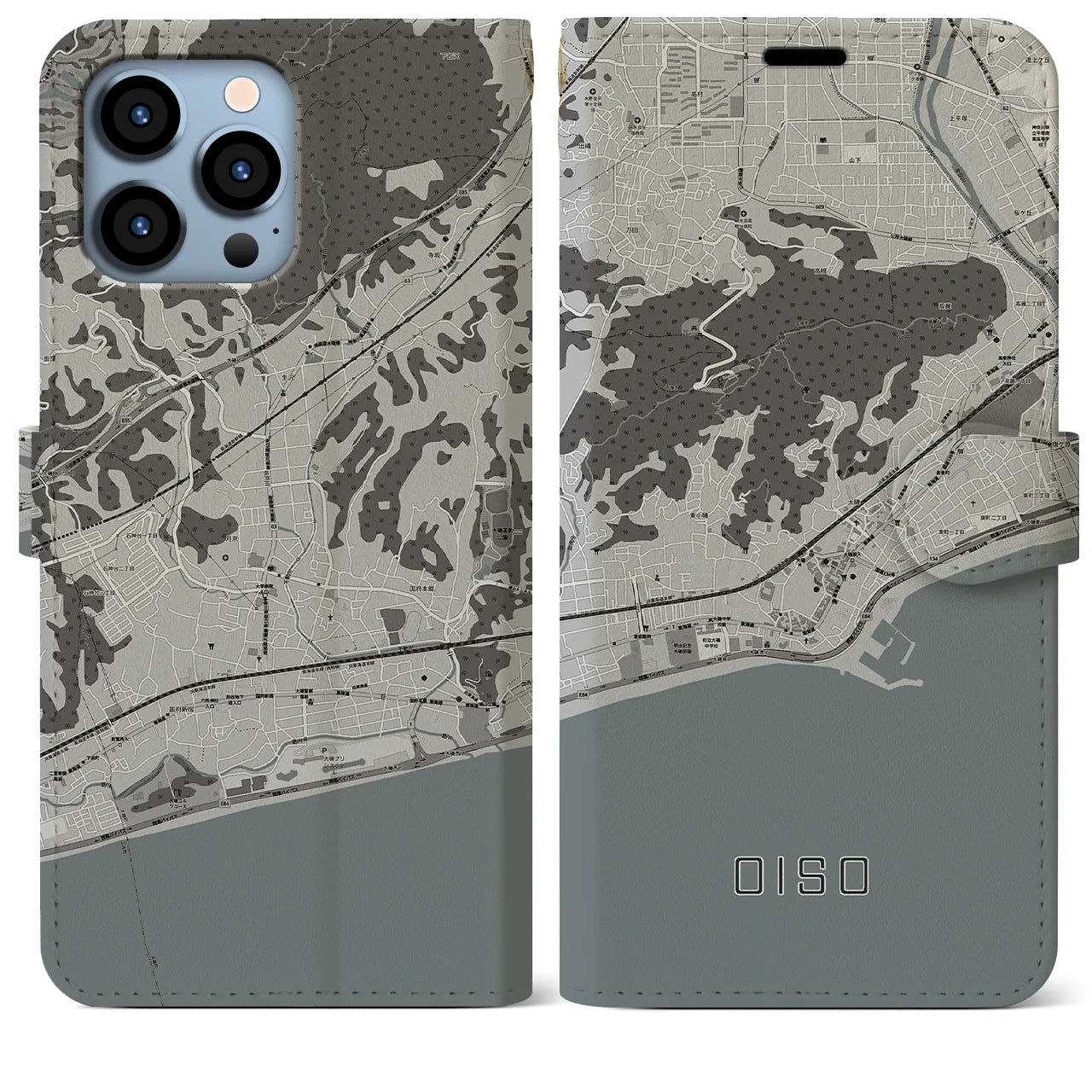 【大磯(神奈川県)】地図柄iPhoneケース(手帳タイプ)モノトーン・iPhone 13 Pro Max 用