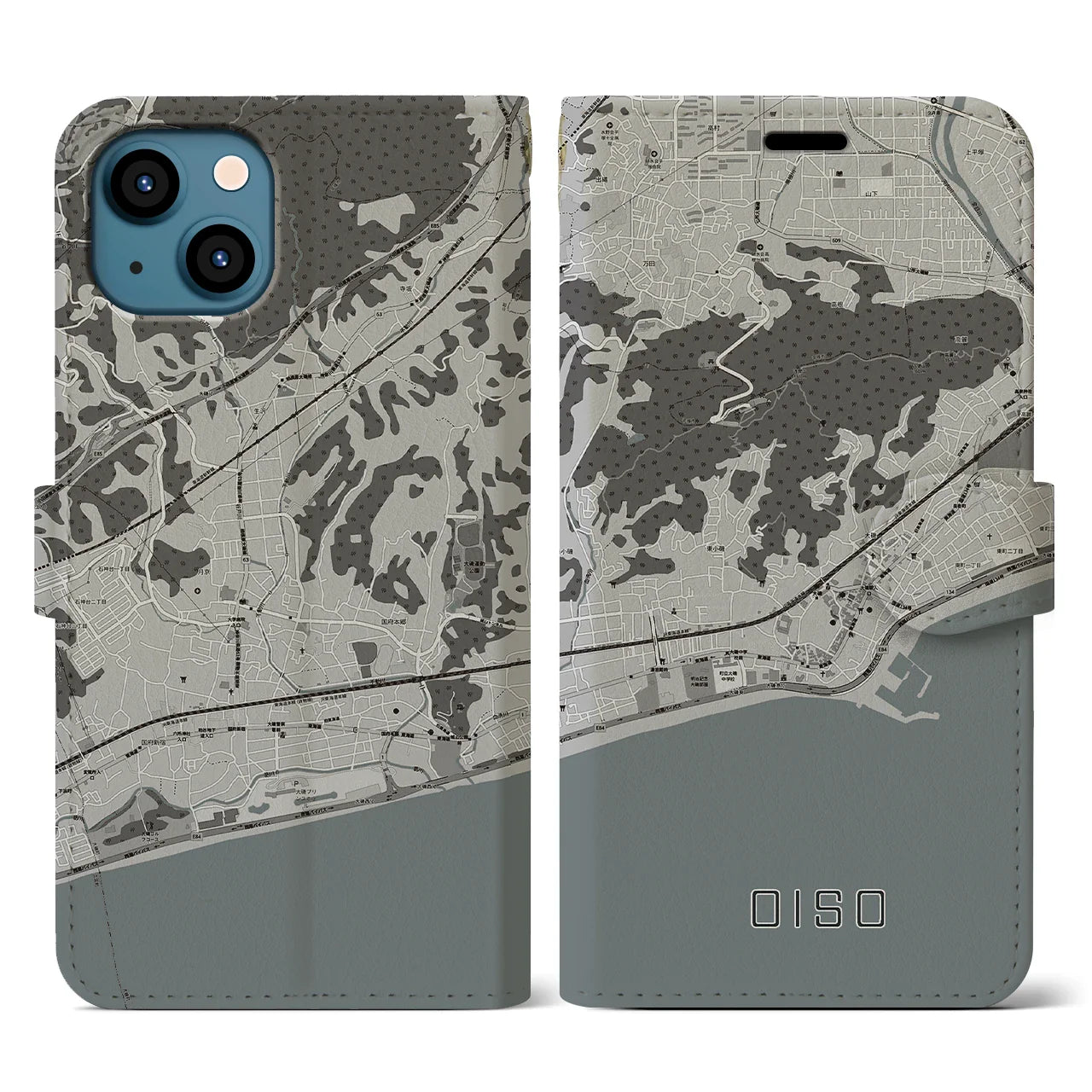 【大磯(神奈川県)】地図柄iPhoneケース(手帳タイプ)モノトーン・iPhone 13 用