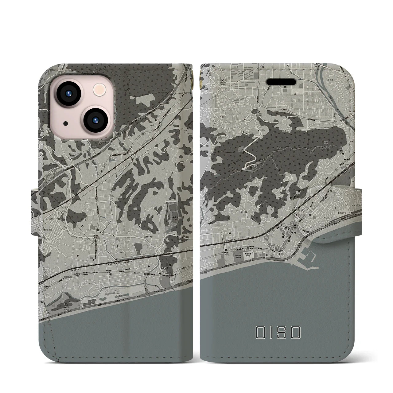 【大磯(神奈川県)】地図柄iPhoneケース(手帳タイプ)モノトーン・iPhone 13 mini 用