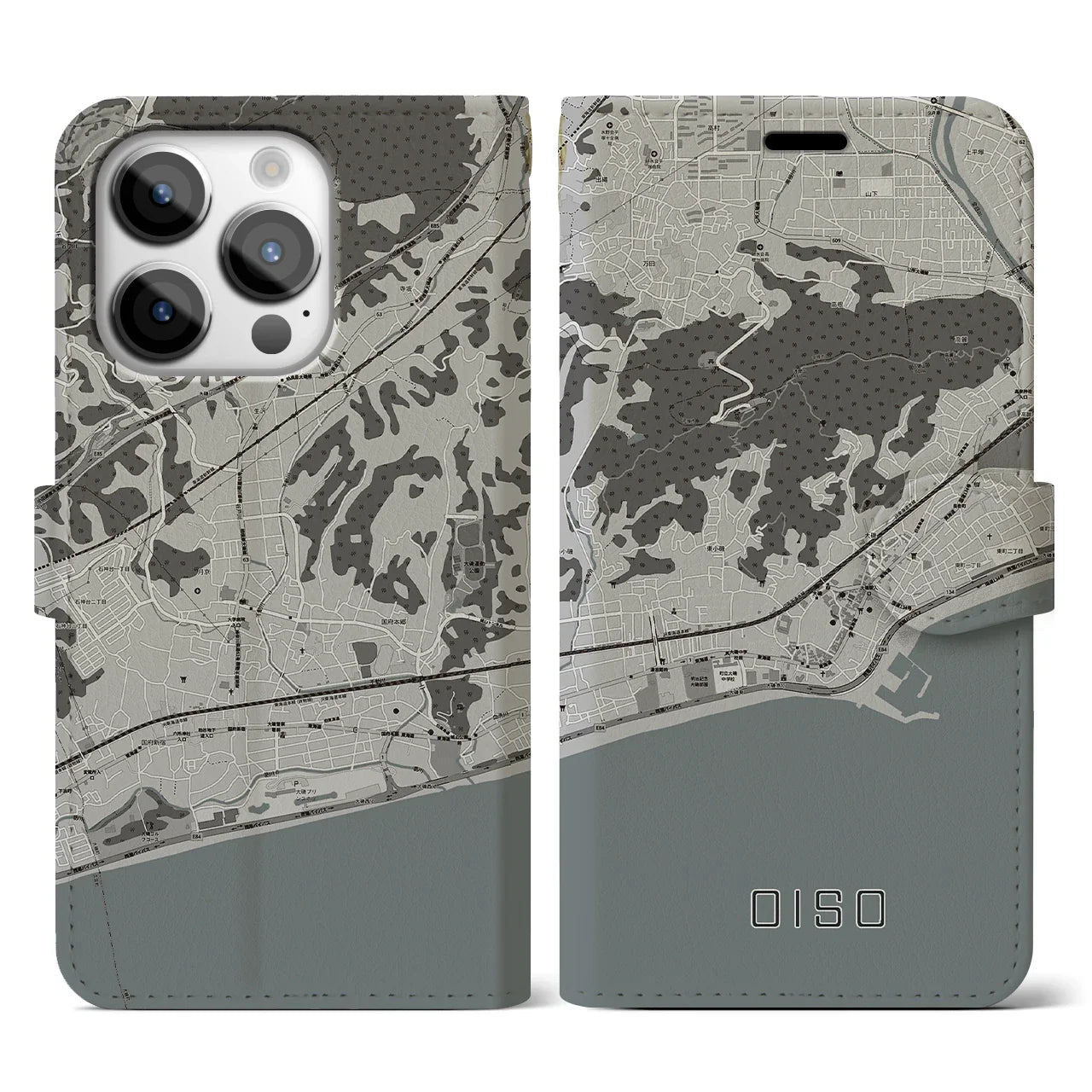 【大磯(神奈川県)】地図柄iPhoneケース(手帳タイプ)モノトーン・iPhone 14 Pro 用