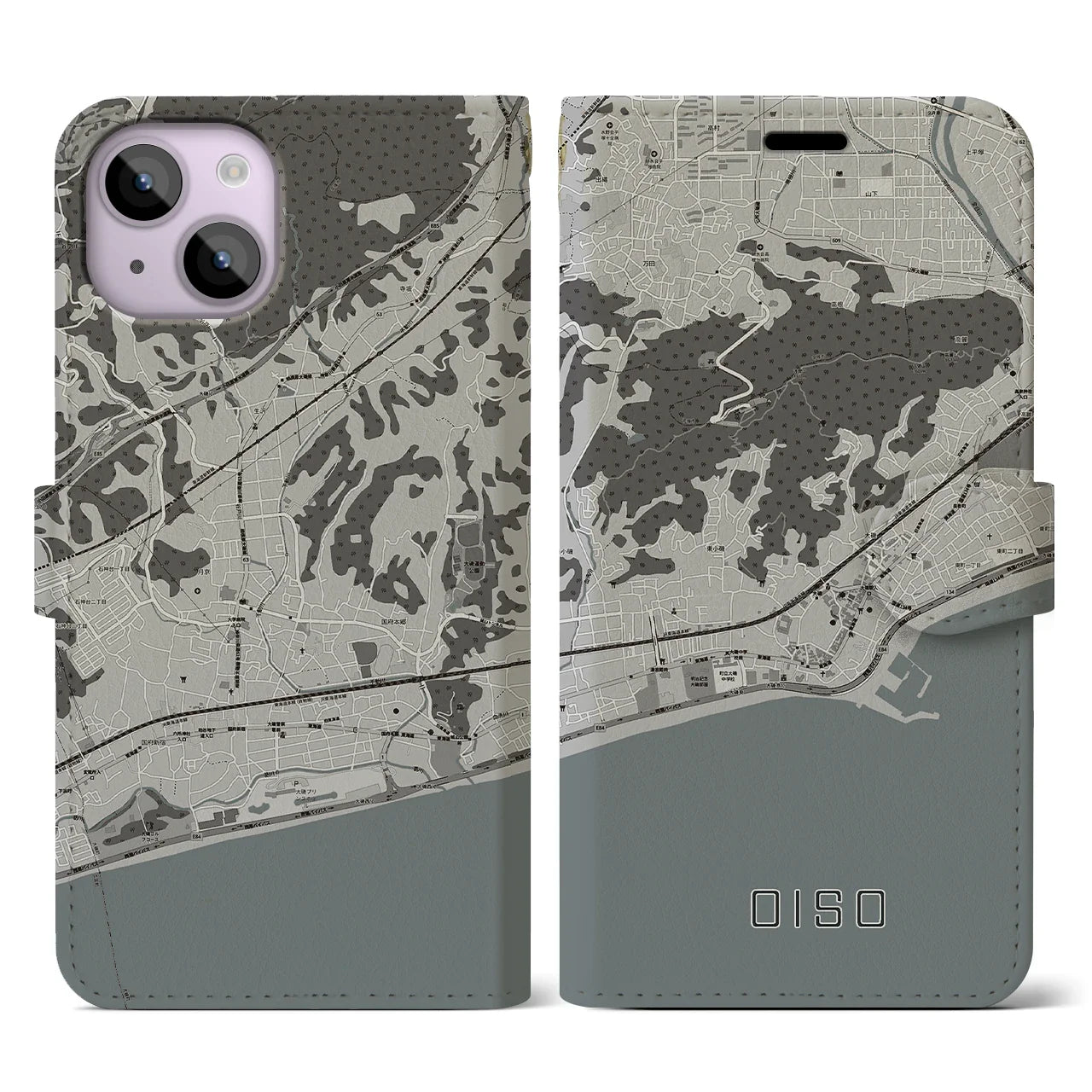 【大磯(神奈川県)】地図柄iPhoneケース(手帳タイプ)モノトーン・iPhone 14 用