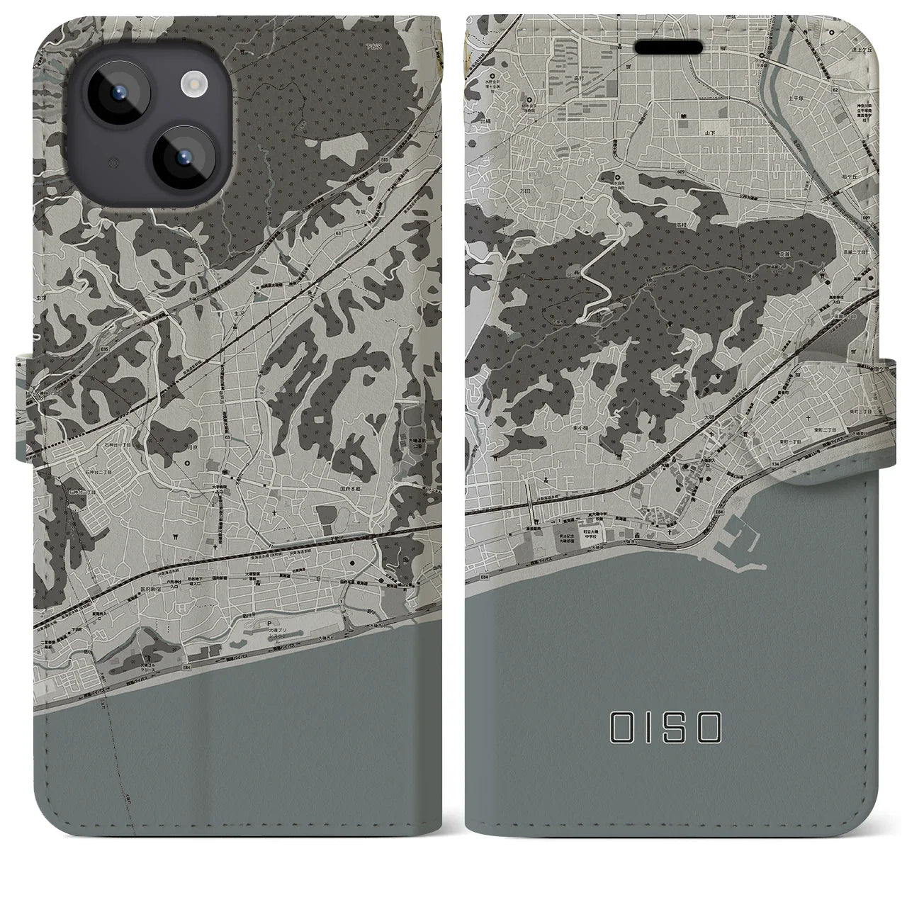 【大磯(神奈川県)】地図柄iPhoneケース(手帳タイプ)モノトーン・iPhone 14 Plus 用